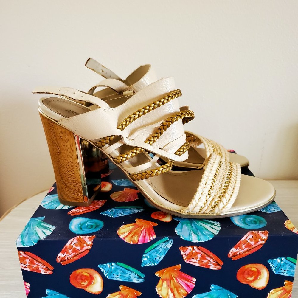 High heel sandals with white and gold braided detail by Kenneth Cole 9.5M